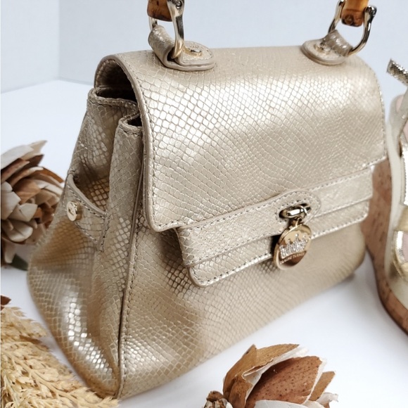 EUC Elaine Turner Champagne Gold snakeskin leather bag with bamboo handle - Picture 11 of 13
